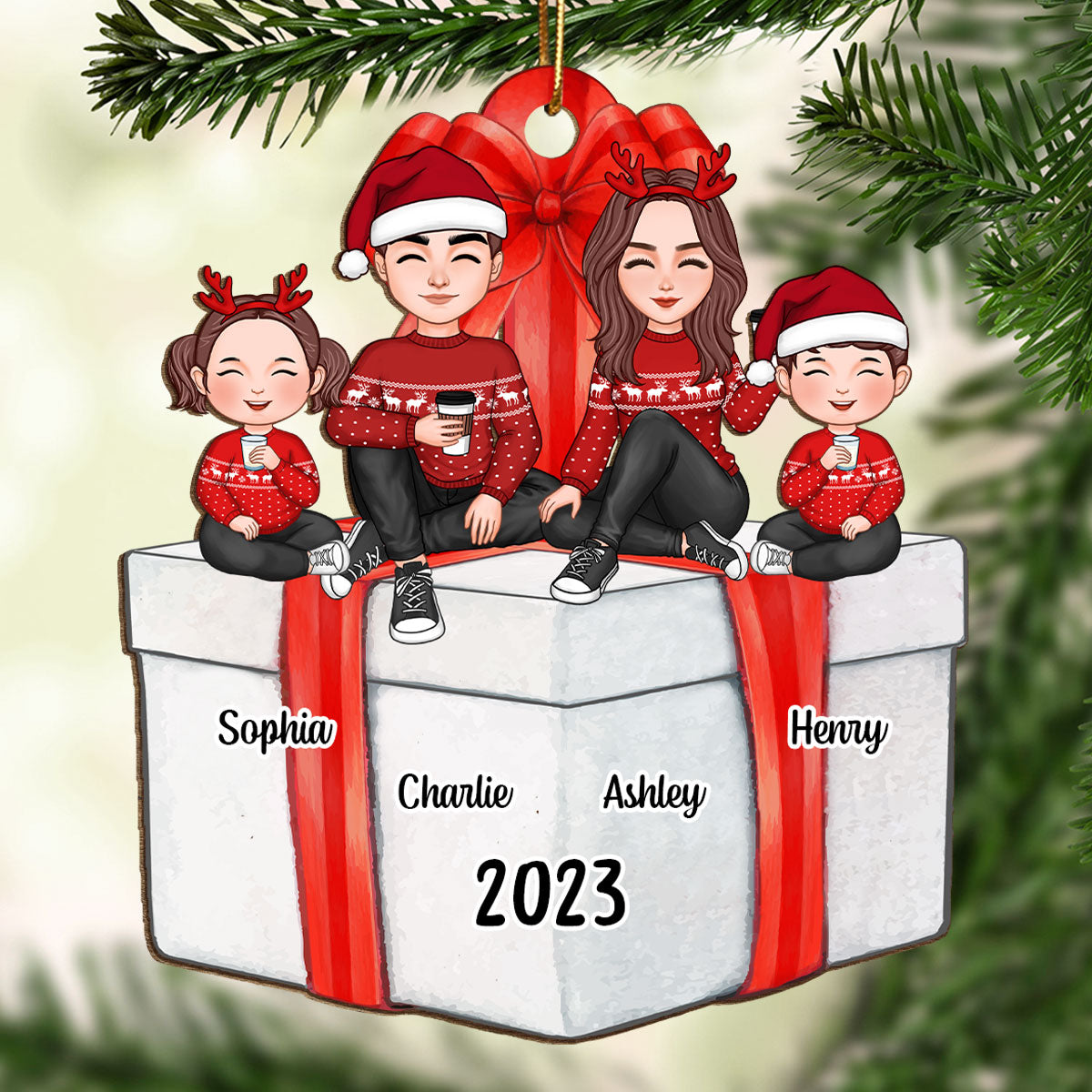 Cute Family Sitting On Christmas Gift Personalized Wooden Ornament