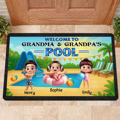 Welcome to Grandma & Grandpa's Pool Personalized Non-Slip Doormat, Entryway Front Porch Farmhouse Summer Grandkids Welcome Mat