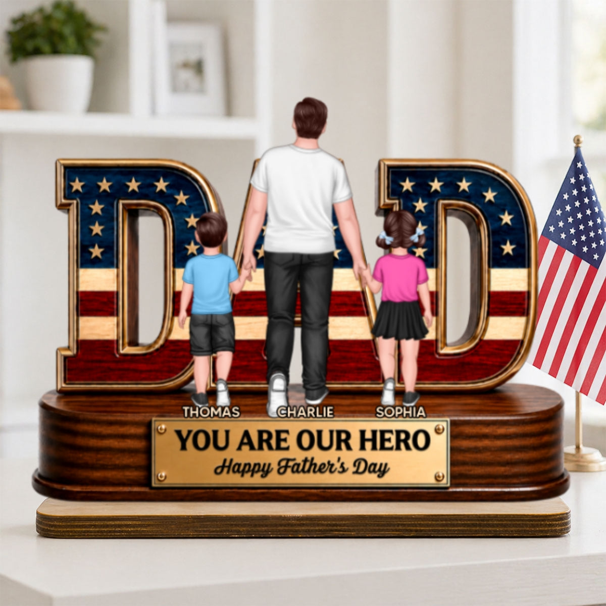 Nation Flag Dad And Kids You Are Our Hero - Personalized 2-Layered Wooden Plaque - Father's Day Gift For Dad, Husband