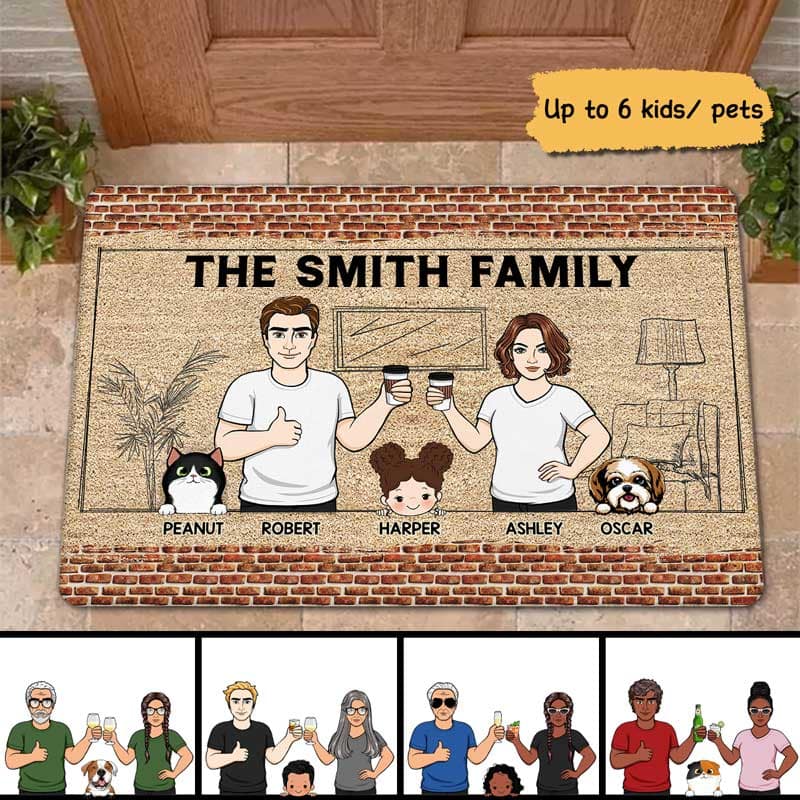 Brick Background Family Dad Mom Kids Dogs Cats Personalized Doormat