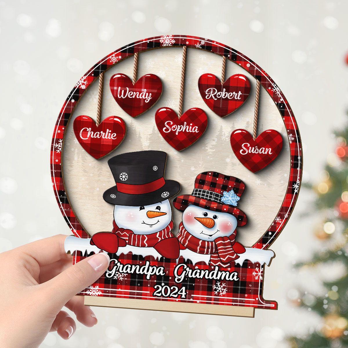 Snowman Papa Nana Dad Mom Heart Kids In Snowball Personalized 2-Layer Standing Wooden Plaque, Christmas Tiered Tray Decor