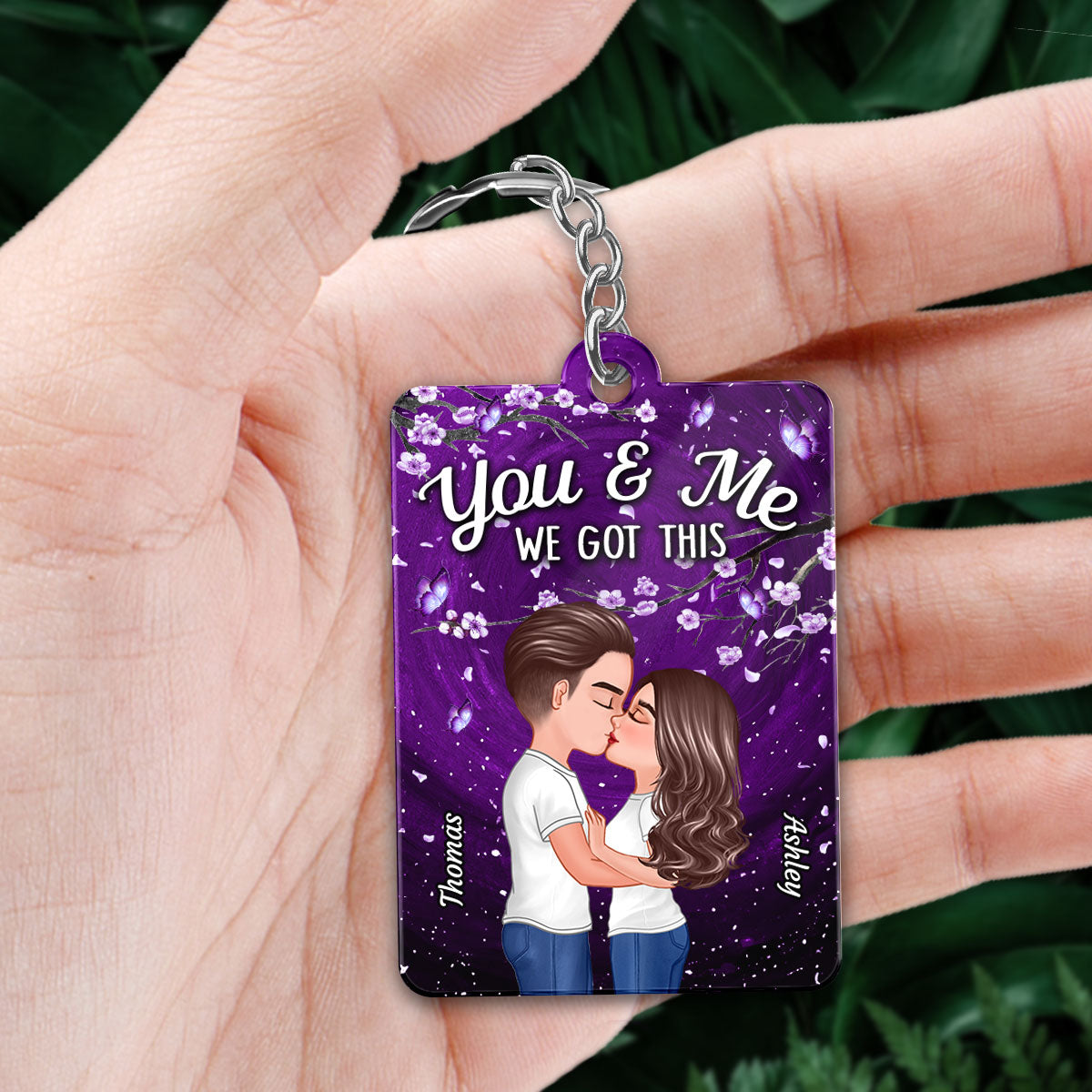 Purple Flowers Doll Couple Kissing Favorite Song QR Code Personalized Acrylic Keychain