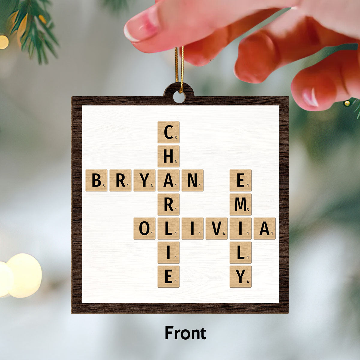 Animated Family Crossword Puzzle Art Personalized Double Sided Wooden Ornament