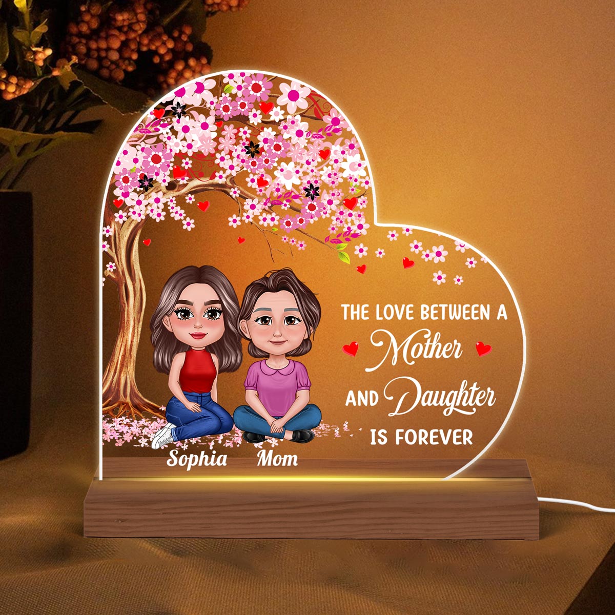 Pretty Doll Mother Daughters Under Tree Personalized Acrylic Custom Shape LED Night Light