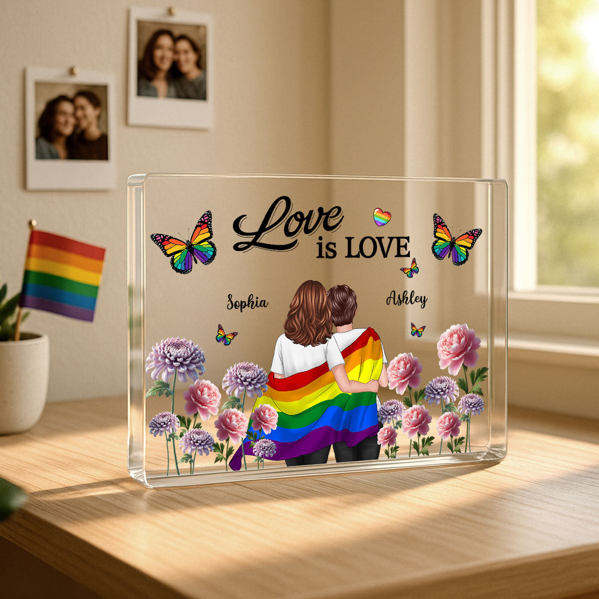 Pride Month LGBT Couple Birth Month Flowers Personalized Rectangle Acrylic Block Plaque, Gift For Couple