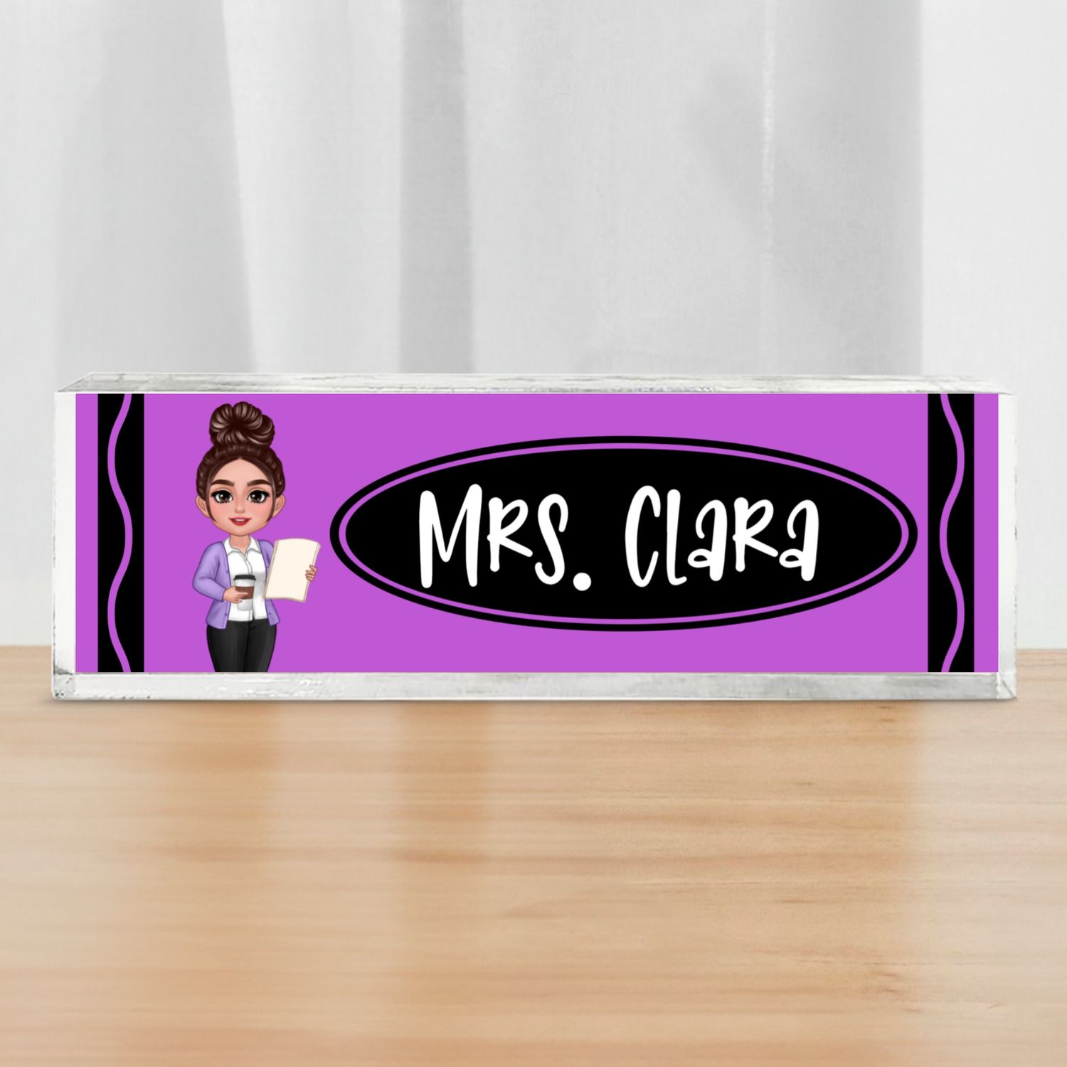 Teacher Crayon Pattern Personalized Acrylic Desk Name Plate, Back To School Gift For Teacher