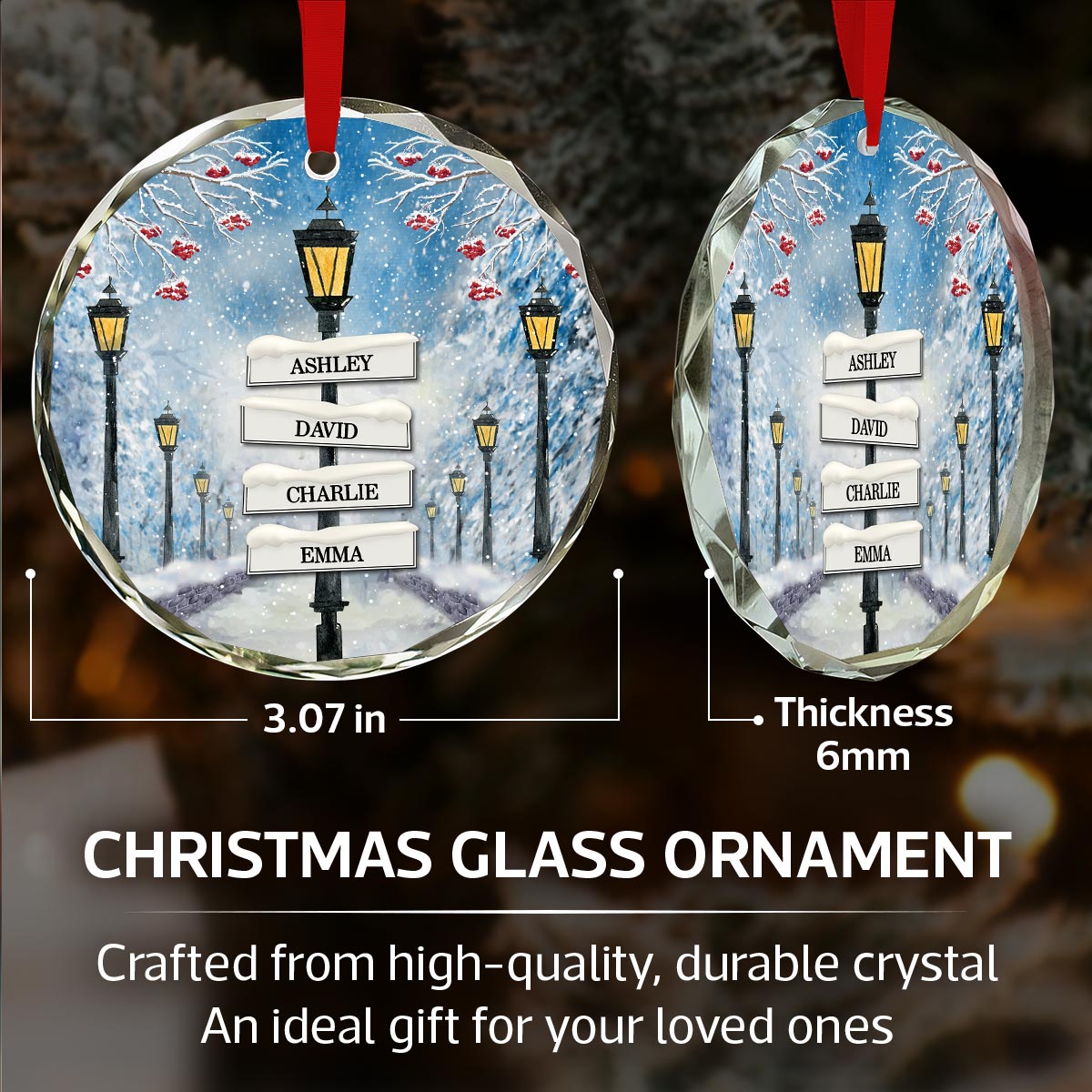 Winter Family Names Lamp Post Signs Christmas Glass Ornament, Christmas Gift For Family