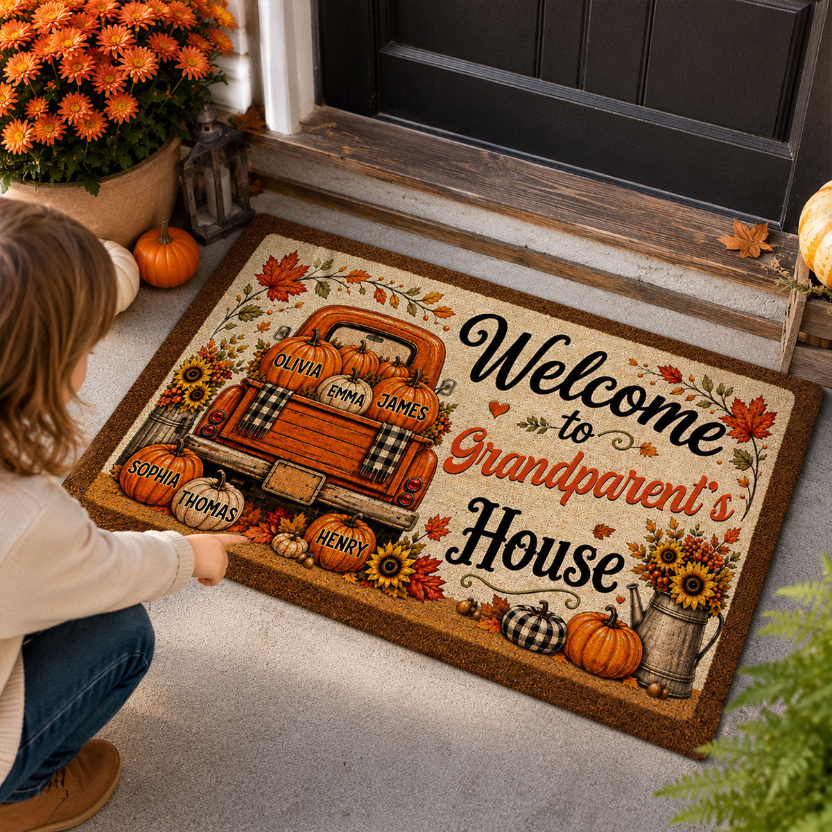 Floral Pumpkin Patch Truck Grandparent - Personalized Doormat - Fall Season Decor Gift, Gift For Grandma Grandpa