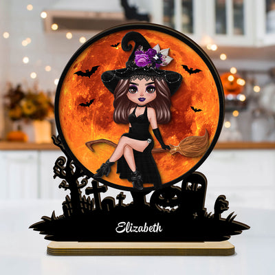 Witch On Broom Halloween Moon Tabletop Tier Tray Wicca Pagan Decor Personalized 2-Layer Standing Wooden Plaque