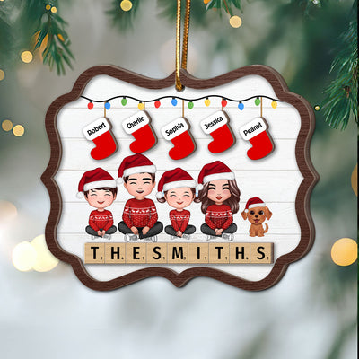 Family Sitting Christmas Stocking Wooden Blocks Personalized 2-Layer Wooden Ornament