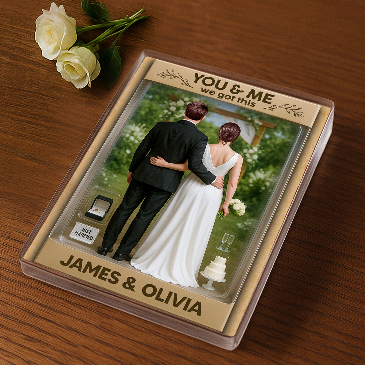 Bride & Groom Couple Realistic Figures Style Garden Wedding Theme Personalized Acrylic Block Plaque, Wedding Gift, Newlyweds Gift
