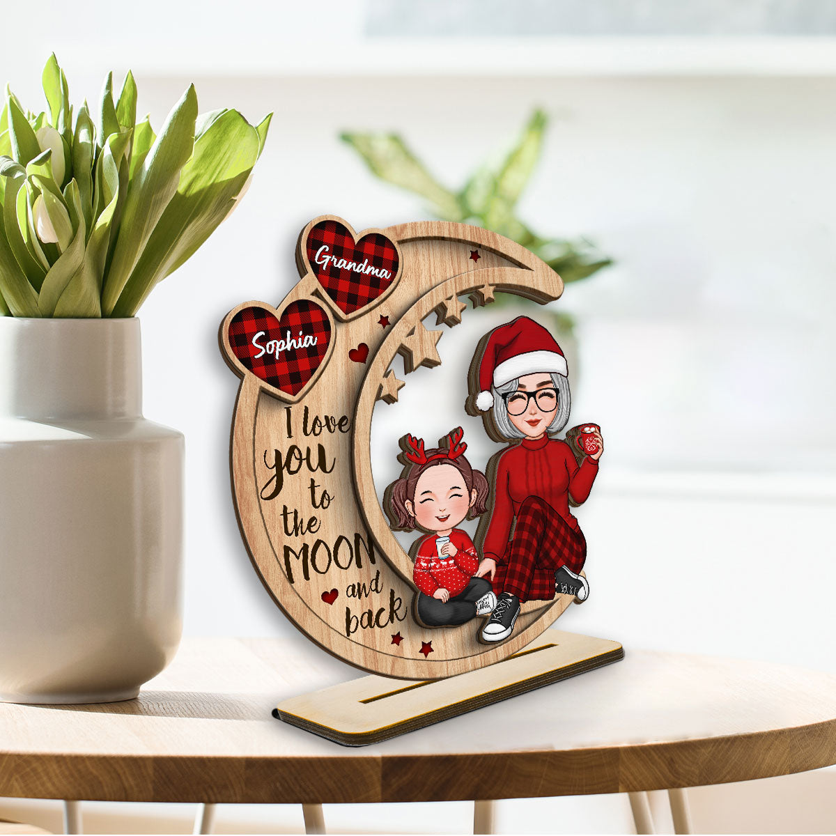 Checkered Pattern Heart Cute Grandma Grandkids Sitting On Moon Christmas Personalized 2-Layer Standing Wooden Plaque