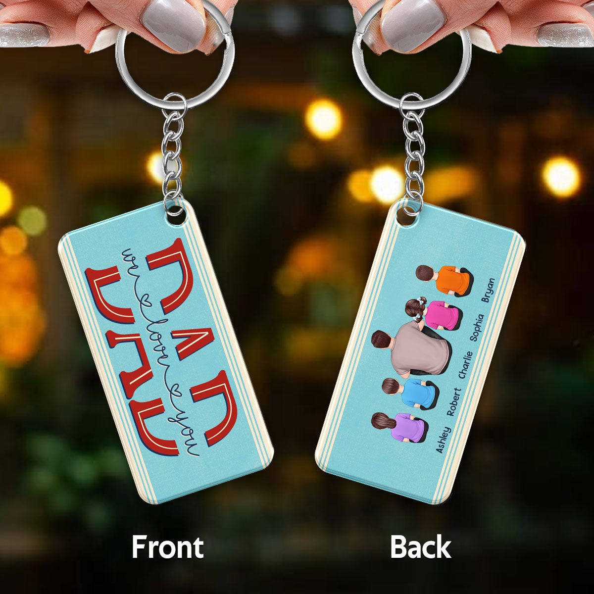 Dad We Love You Blue Stripe Retro Back View Man Sitting With Kids Dog Cat Personalized Acrylic Keychain