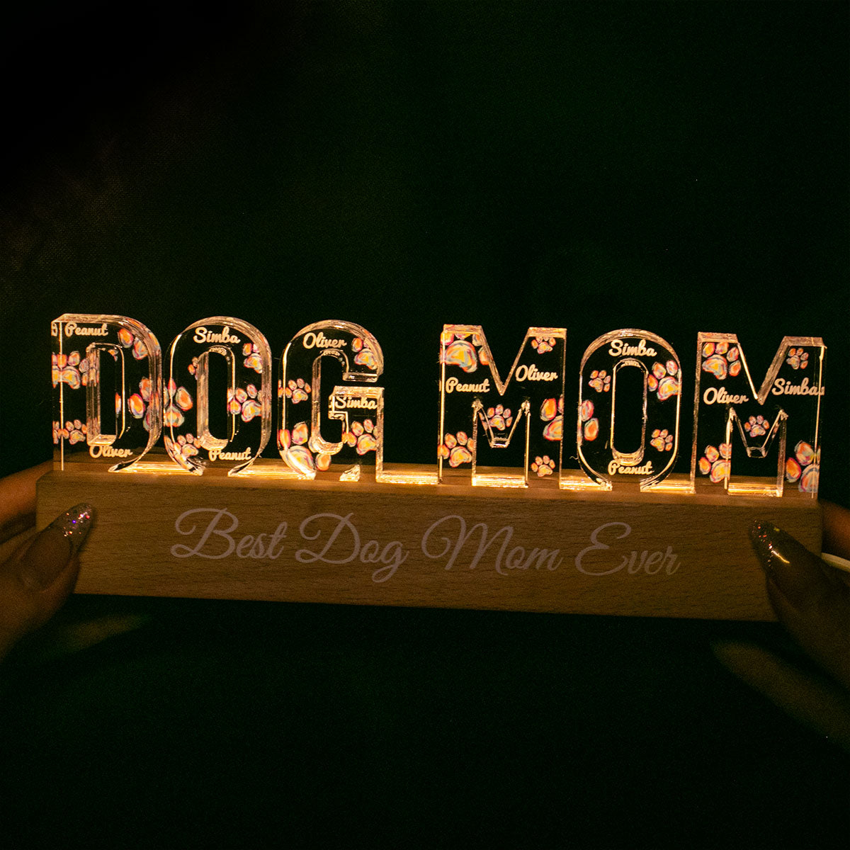 Dog Mom Colorful Watercolor Paw Personalized LED Night Light