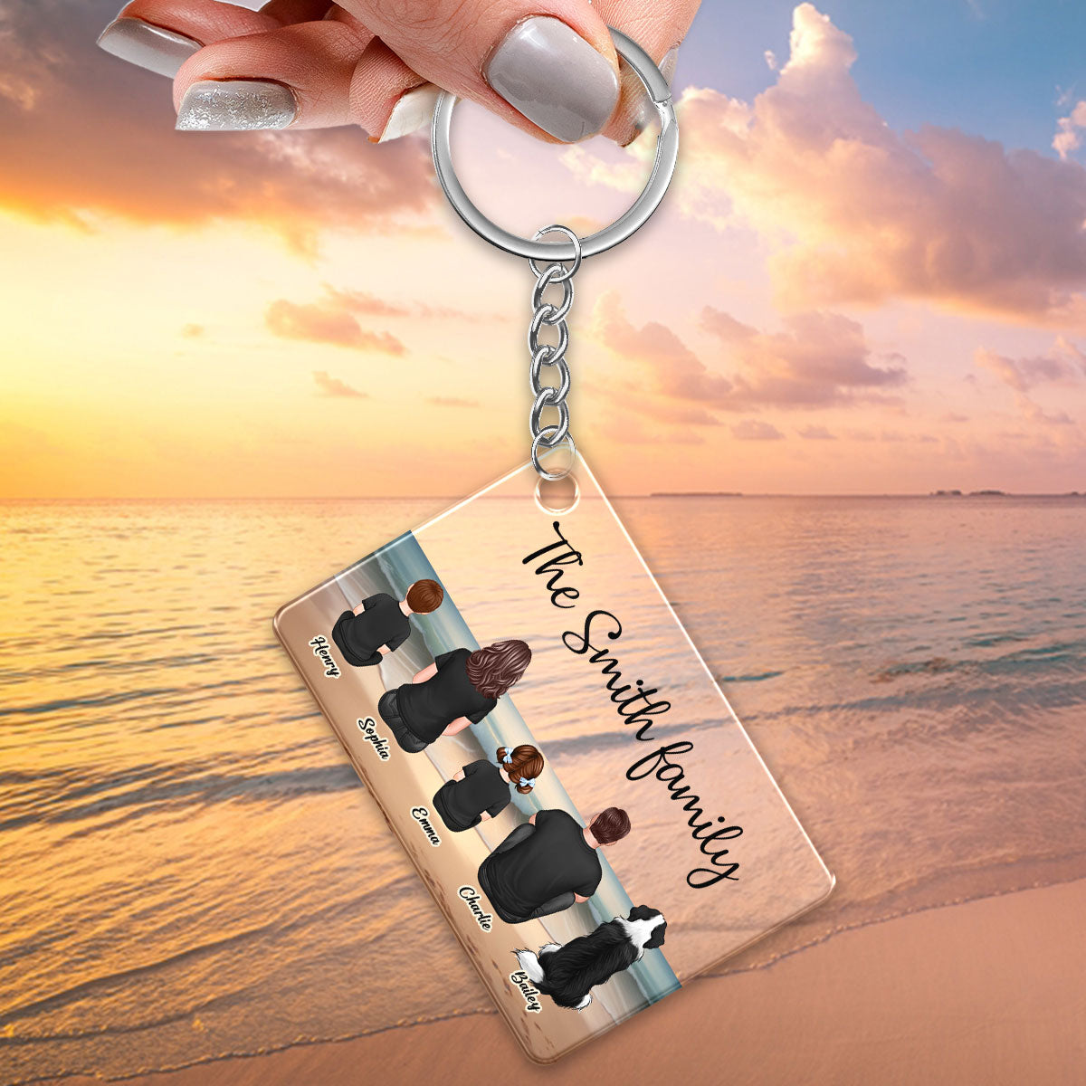 Family Sitting Realistic Beach Landscape Personalized Acrylic Keychain, Gift For Family