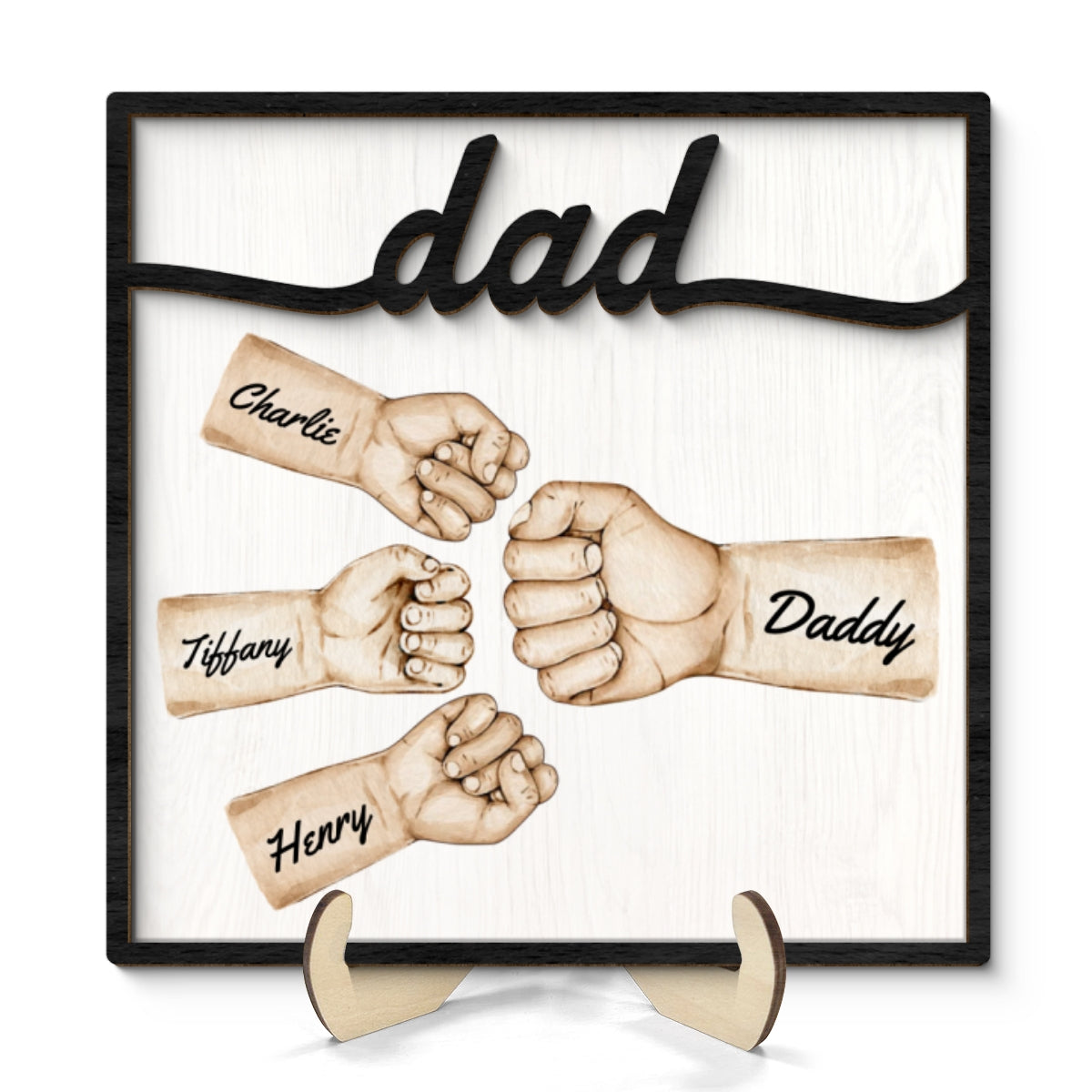 Dad Fist Bump With Kids Names Personalized 2-Layer Wooden Plaque