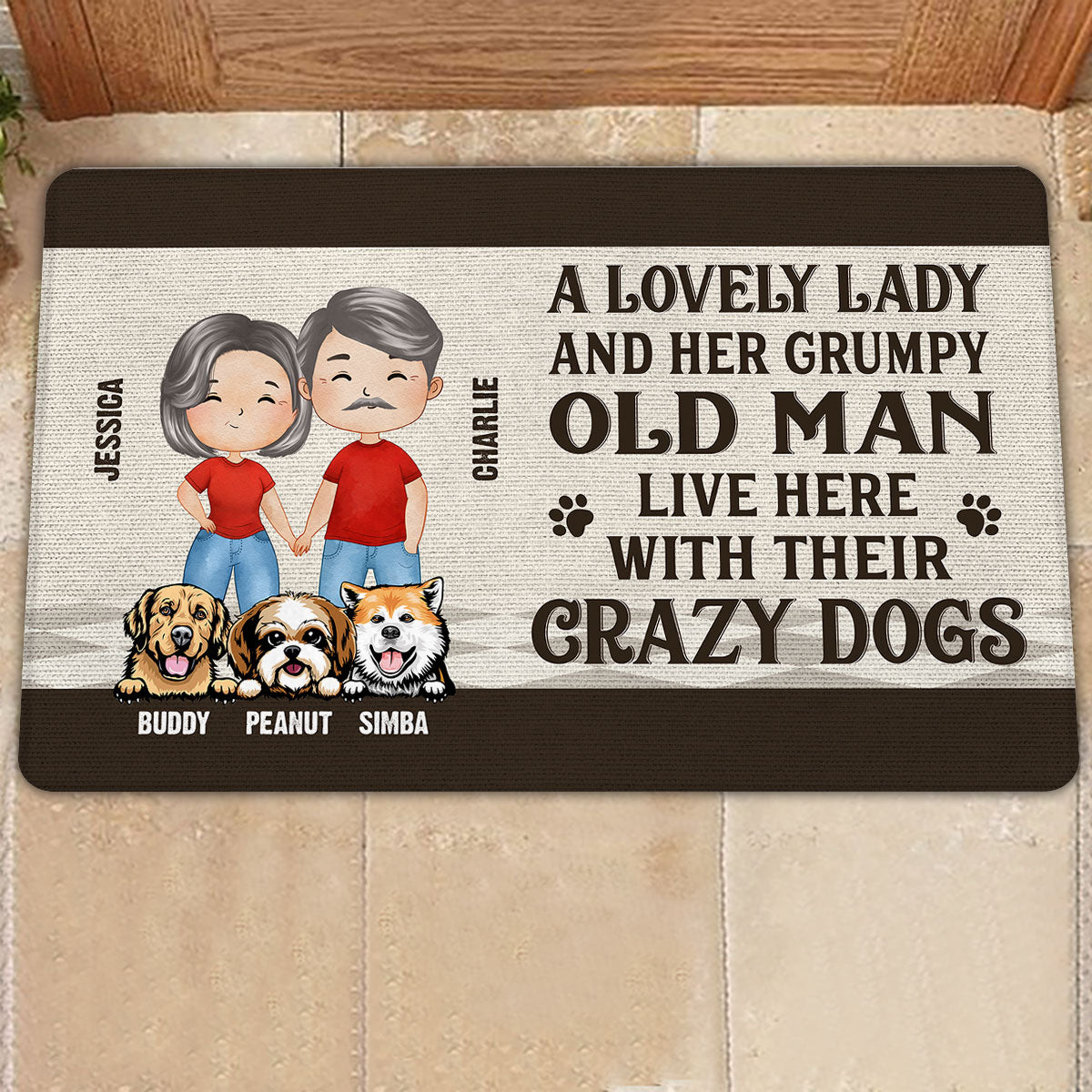 Lovely Lady Grumpy Old Man Watercolor Couple Dog Lovers Personalized Doormat