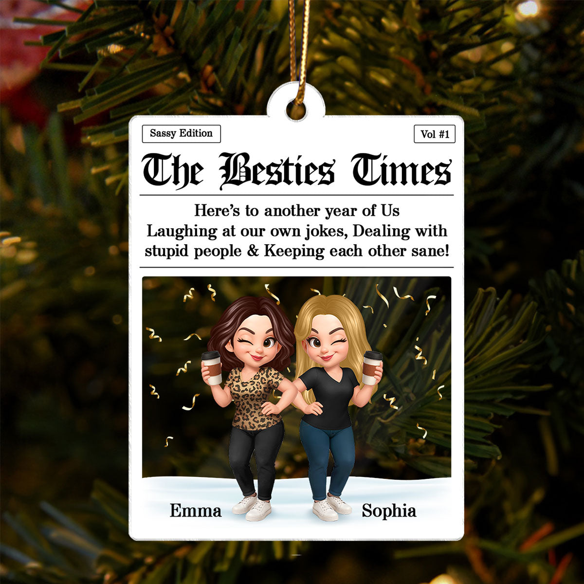 Newspaper Besties Sisters Friends Personalized Acrylic Ornament, Christmas Gift