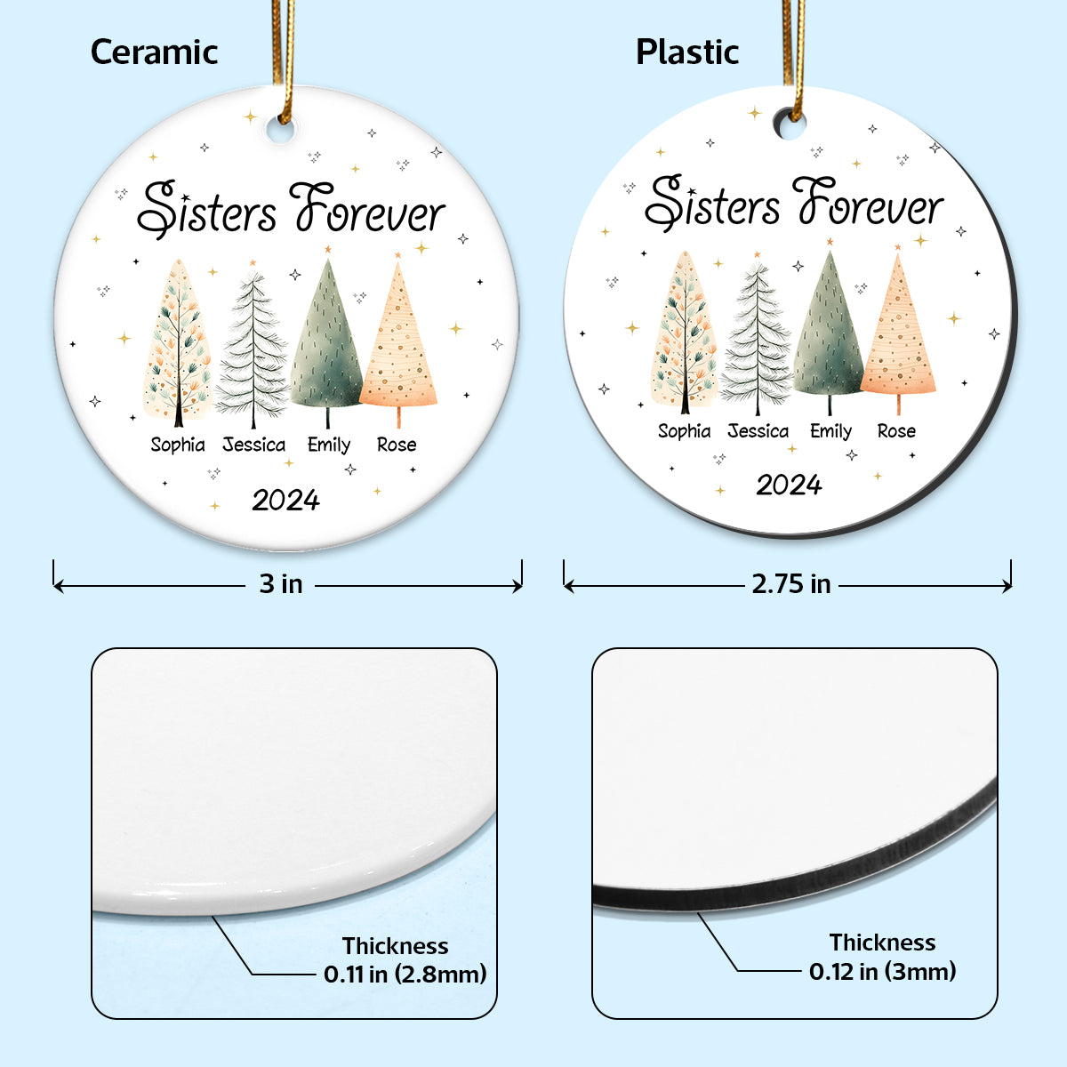 Sisters Besties Cute Christmas Tree Personalized Ceramic Ornament