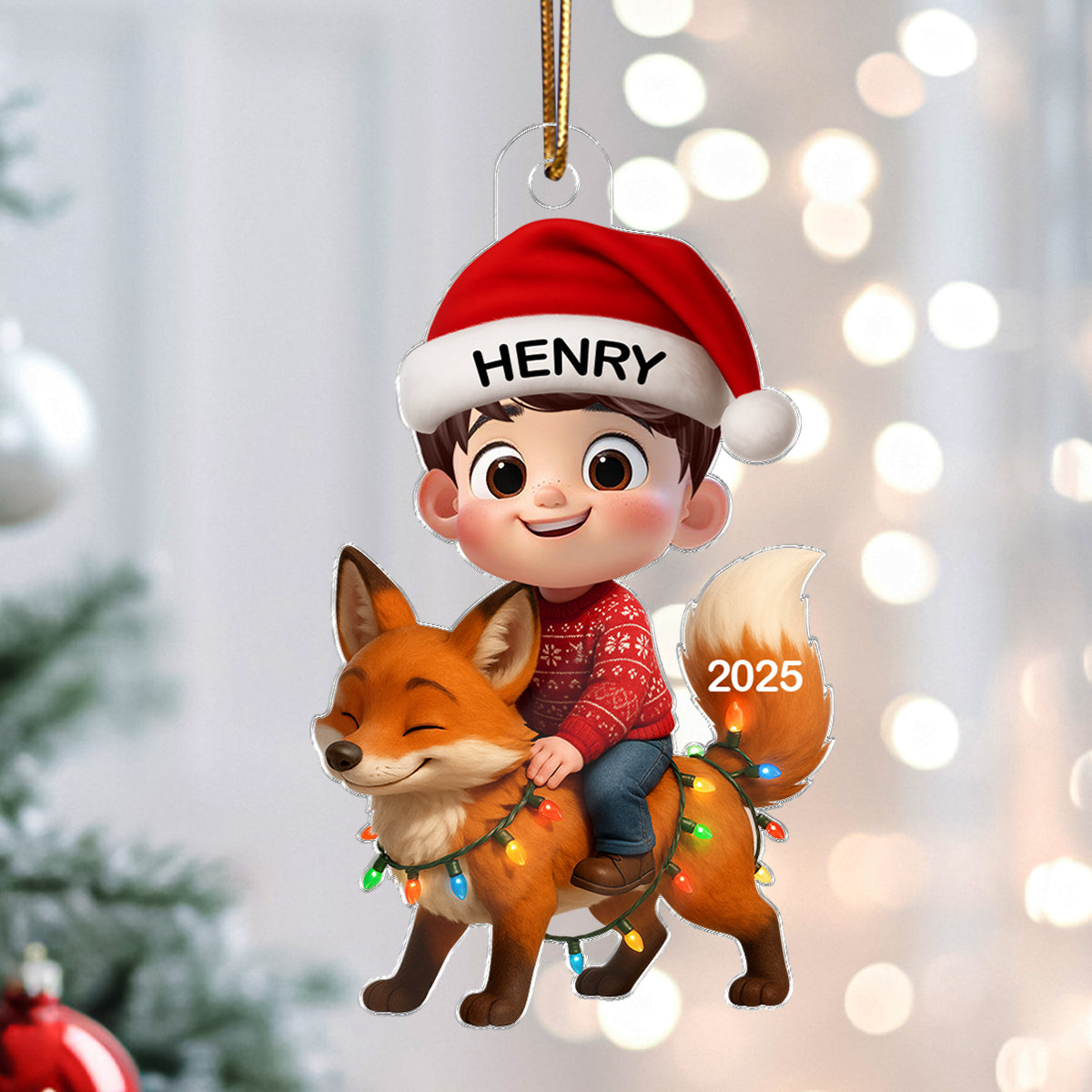 3D Effect Little Kid Jungle Safari Animals Fox Christmas Personalized Acrylic Ornament