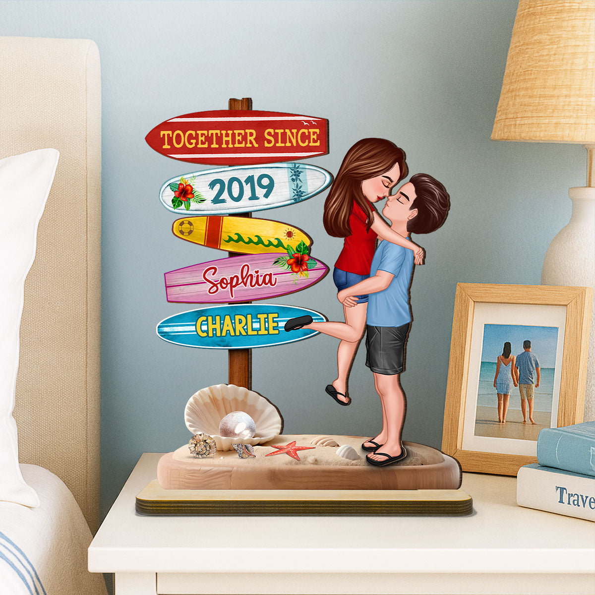 Couple Hugging Kissing Beach Sign Summer Vacation Personalized Standing Wooden Plaque