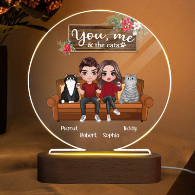 Couple & Cats On Sofa Personalized Circle Acrylic Plaque With LED Night Light - Gift For Couple - Gift For Cat Lover