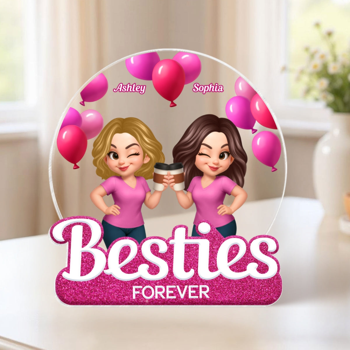 Besties Sisters Partners In Crime Pink Balloons Personalized Acrylic Block