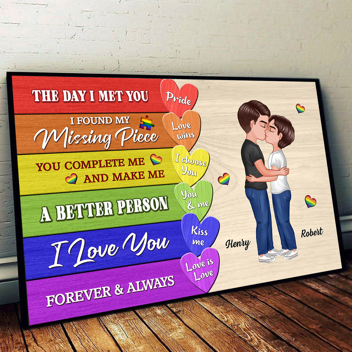 Couple Kissing Colorful Woods Pallete Personalized Poster, Pride Month gift