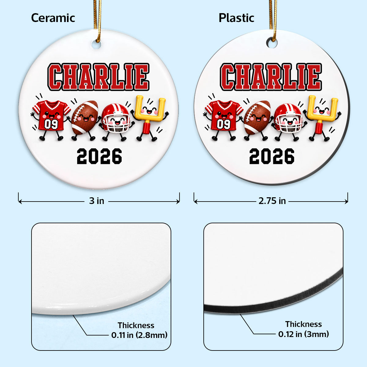 Football Things 2D Flat - Personalized Ceramic Ornament – Custom Name Football Christmas Keepsake Gift for Player, Son, Daughter, Teen
