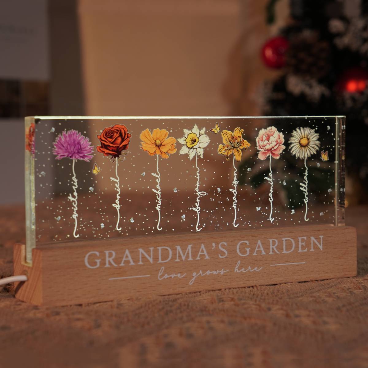 Grandma‘s Garden Birth Month Flowers - Personalized Acrylic Block Plaque LED Night Light - Heartfelt Gift For Grandma