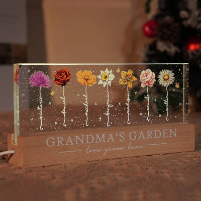 Grandma‘s Garden Birth Month Flowers Personalized Acrylic Block LED Night Light, Christmas Gift For Grandma, Mom, Auntie, Sister