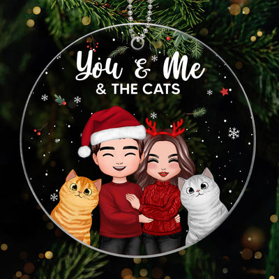 Doll Couple Standing Hugging You Me And The Cats Christmas Personalized Circle Ornament