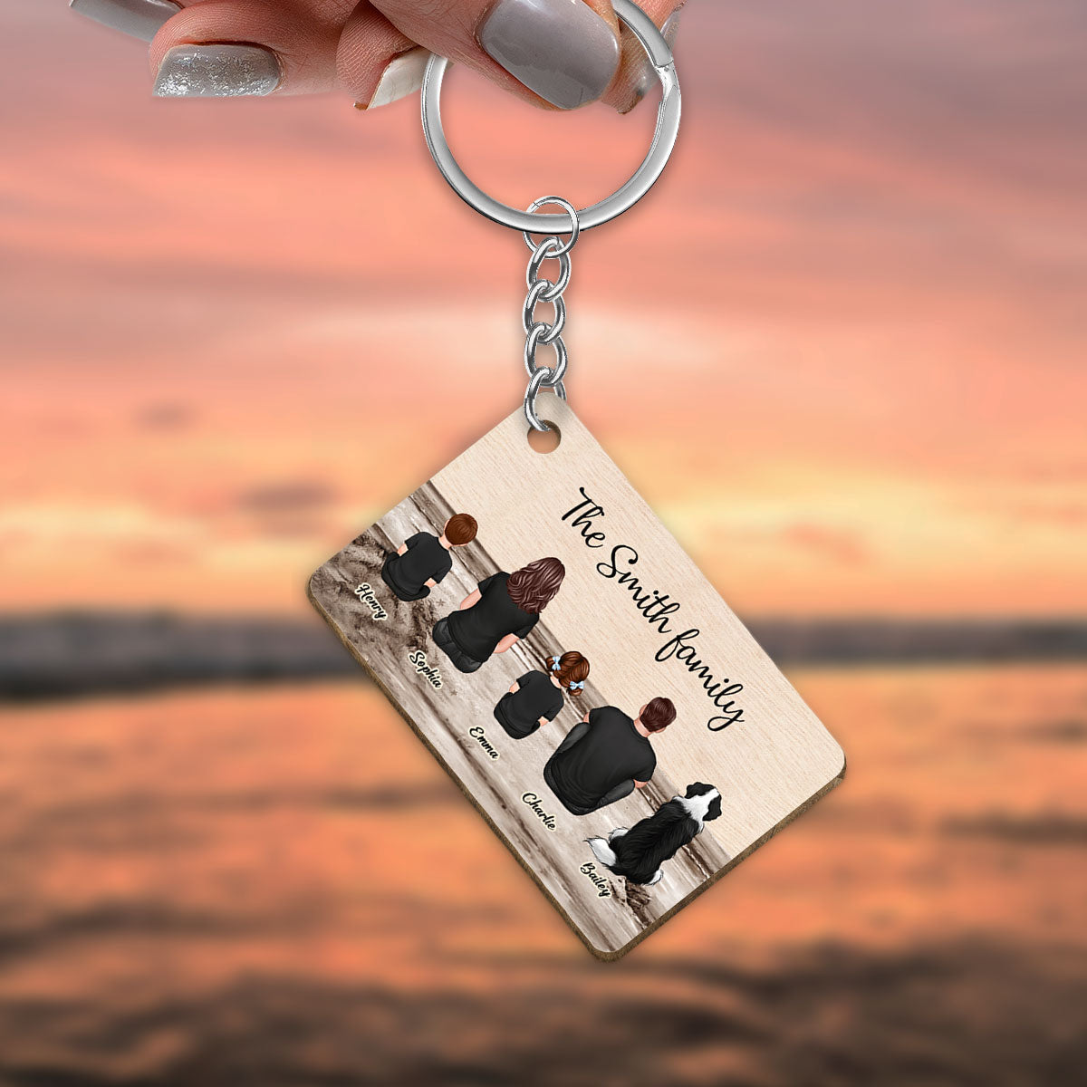 Family Sitting Back View Retro Vintage Beach Landscape Wooden Keychain, Father's Day Gift For Dad, For Grandpa