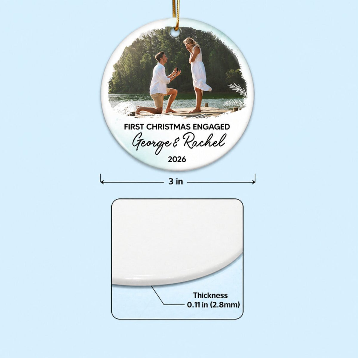 Our First Christmas Engaged Ornament, Custom Photo Ornament Calendar Christmas Gift for Couple, Engagement Gifts Personalized 2-Sided Circle Ornament