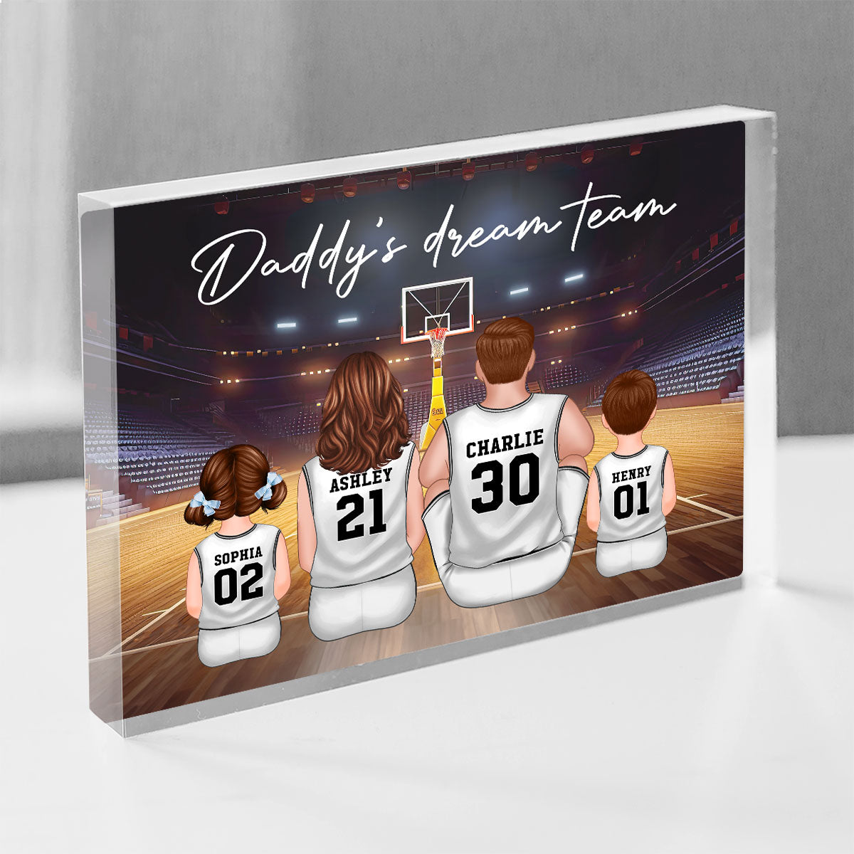 Daddy's Team Basketball Family Sitting Personalized Acrylic Block, Unique Father's Day Gift for Dad, Gift for Husband