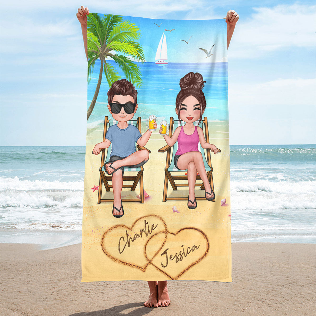 Summer Doll Couple Sitting Personalized Beach Towel