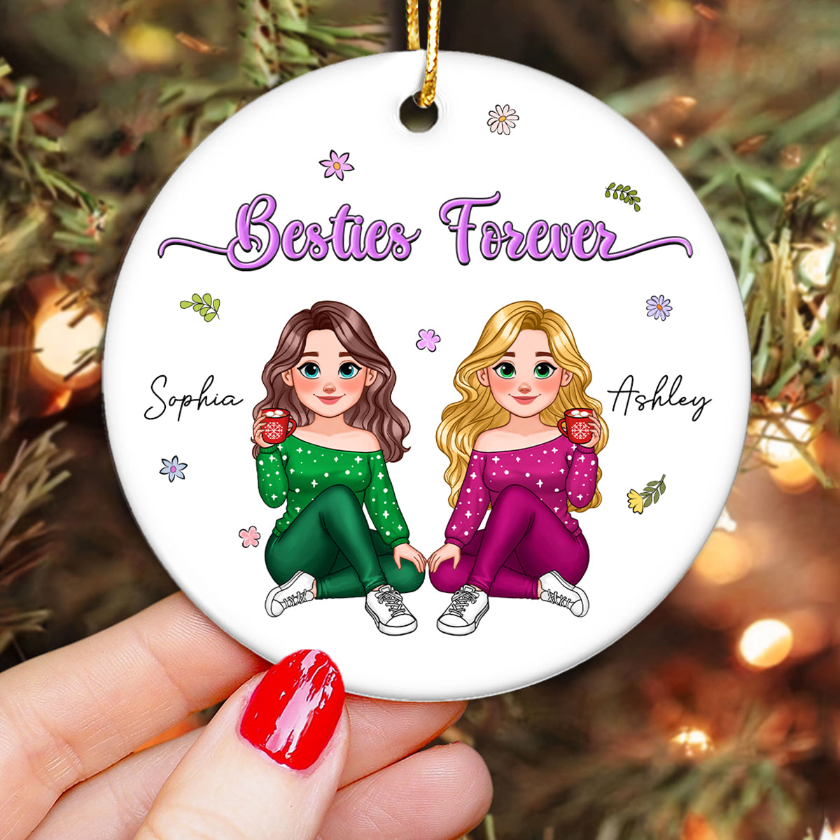 Animated Sisters Forever Floral Personalized Ceramic Ornament, Christmas Gift For Sisters, Best Friends