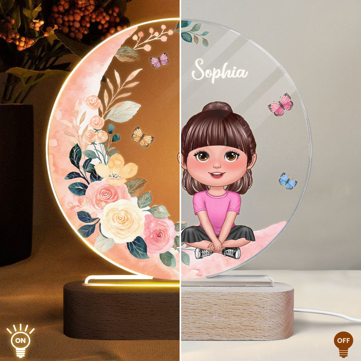Baby Girl Gift Watercolor Flower Moon Personalized Circle Acrylic LED Night Light