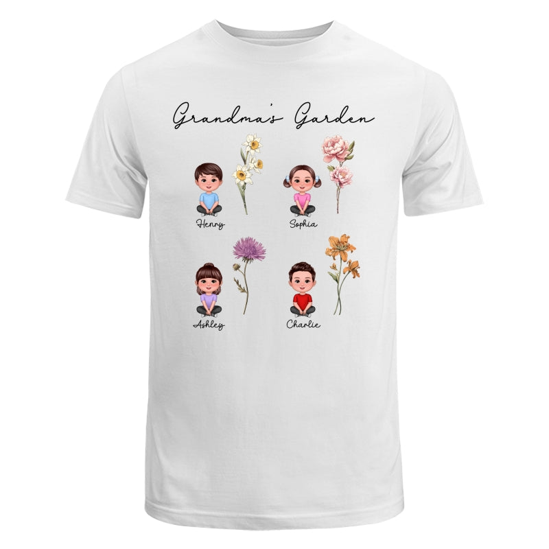 Grandkids Sitting Crossed Leg Grandma Garden Vintage Birth Month Flowers Personalized Shirt
