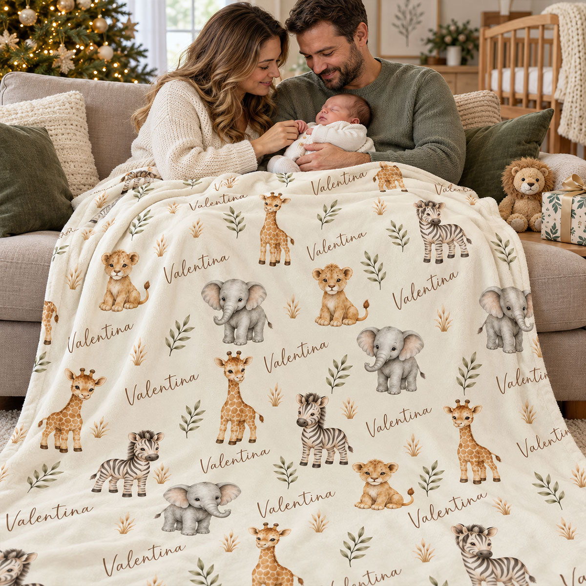 Safari Animal Print Custom Baby Name - Personalized Fleece Blanket - Nursery Jungle Animal Theme For Baby