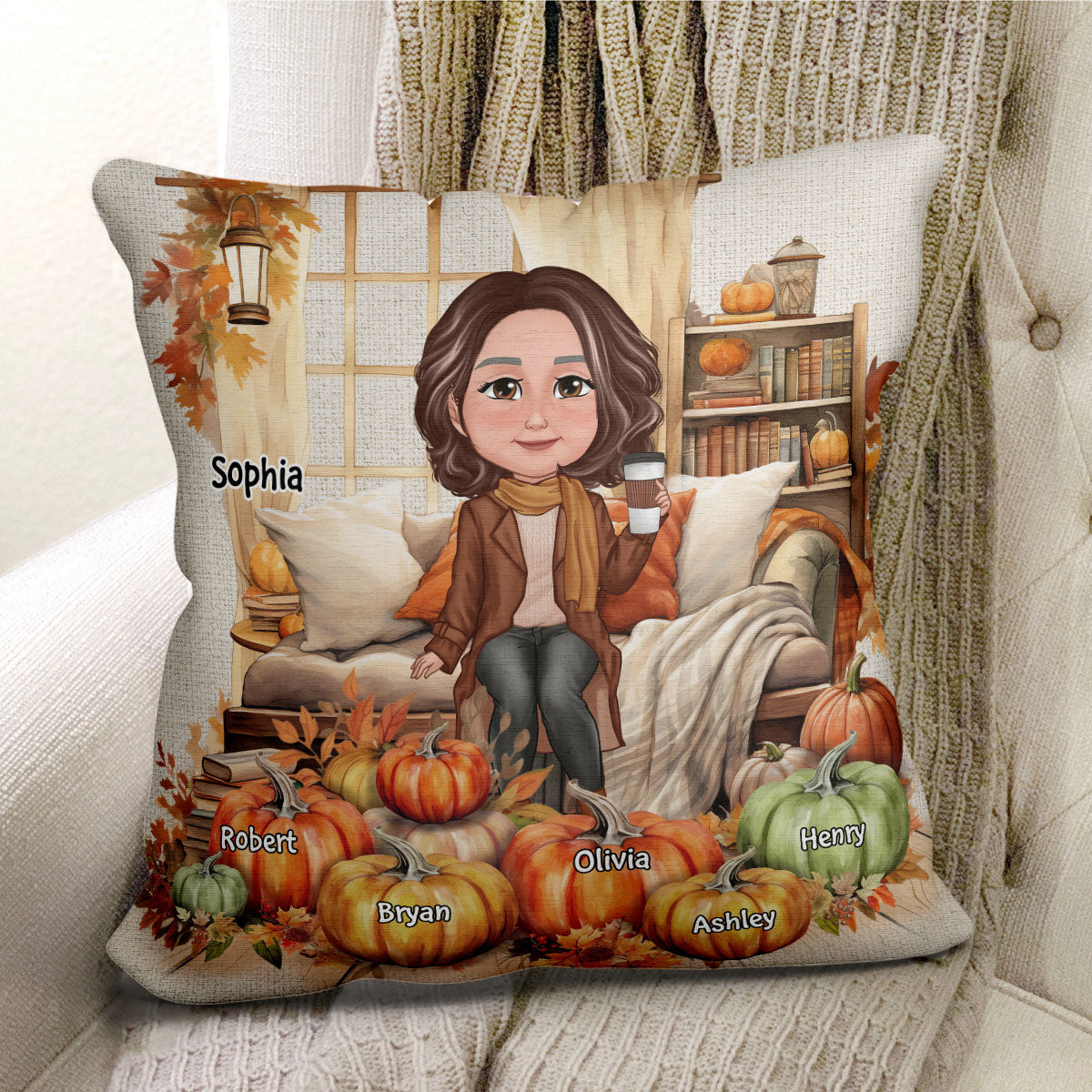 Grandma Mom Sitting Cozy Window Fall Season Personalized Pillow