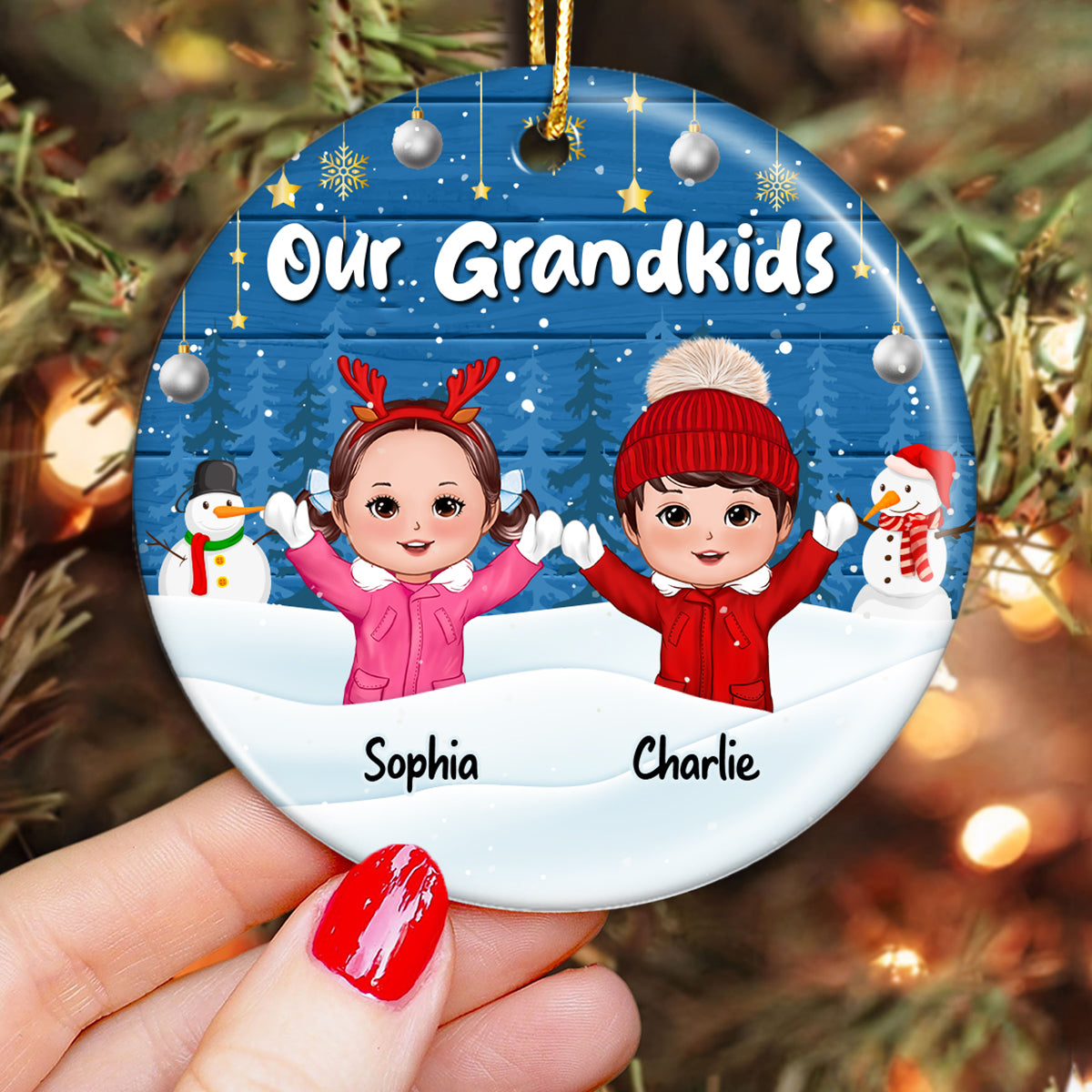 Happy Kids Playing In Snow Blue Wooden Personalized Circle Ornament