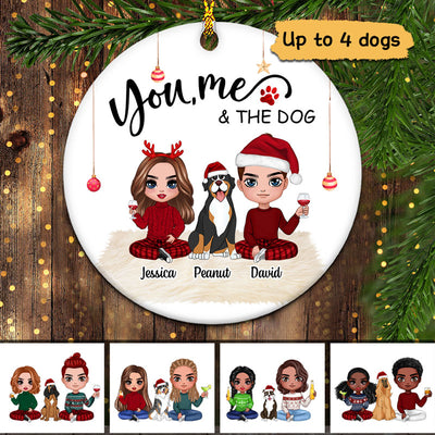 Doll Couple Sitting With Dogs Christmas Personalized Circle Ornament
