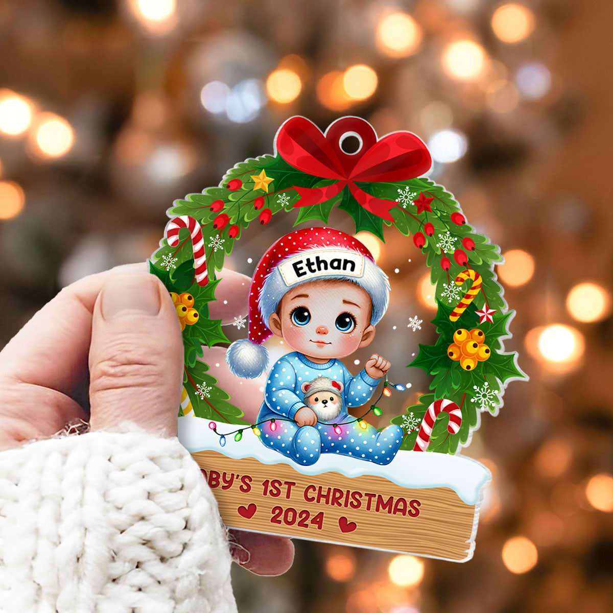 Baby's First Christmas Wreath Personalized Acrylic Ornament, Baby's First Christmas Keepsake for New Mom New Dad