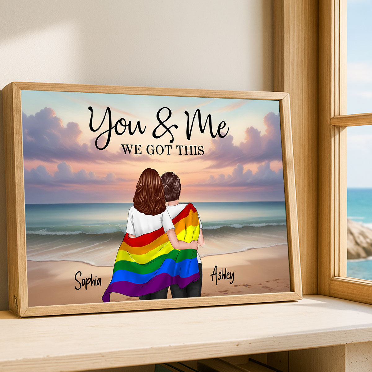 LGBTQ Couple Flag Beach Landscape Personalized Poster, Pride Month gift