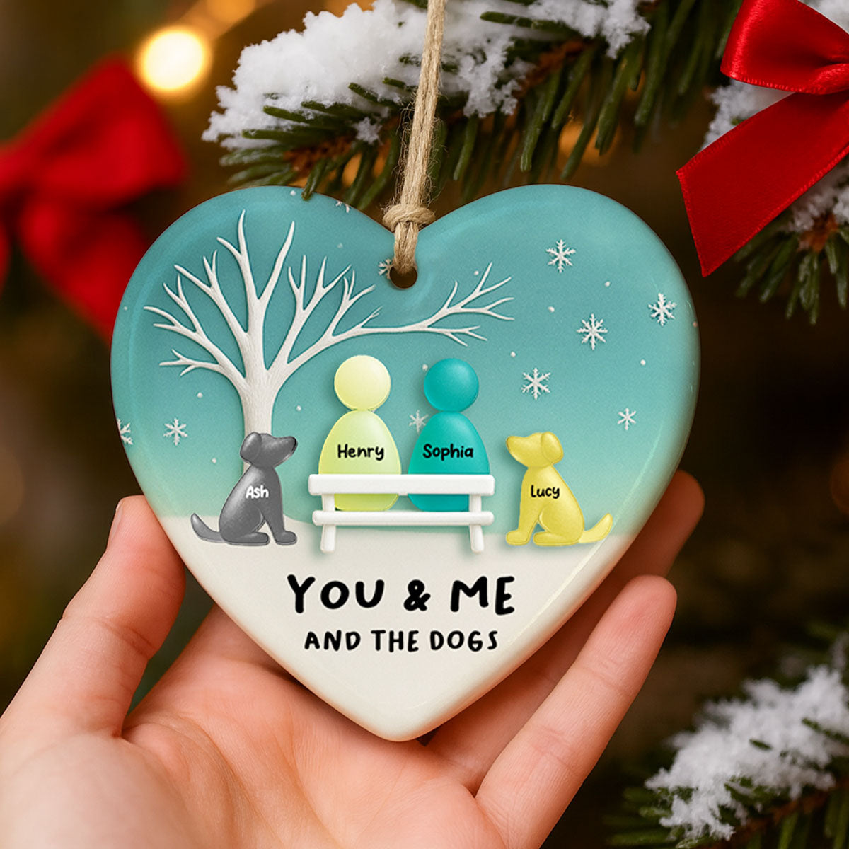 3D Effect Sea Glass Couple & the Dogs - Personalized Ceramic Ornament with Acrylic - Christmas Gift for him, Gift for her
