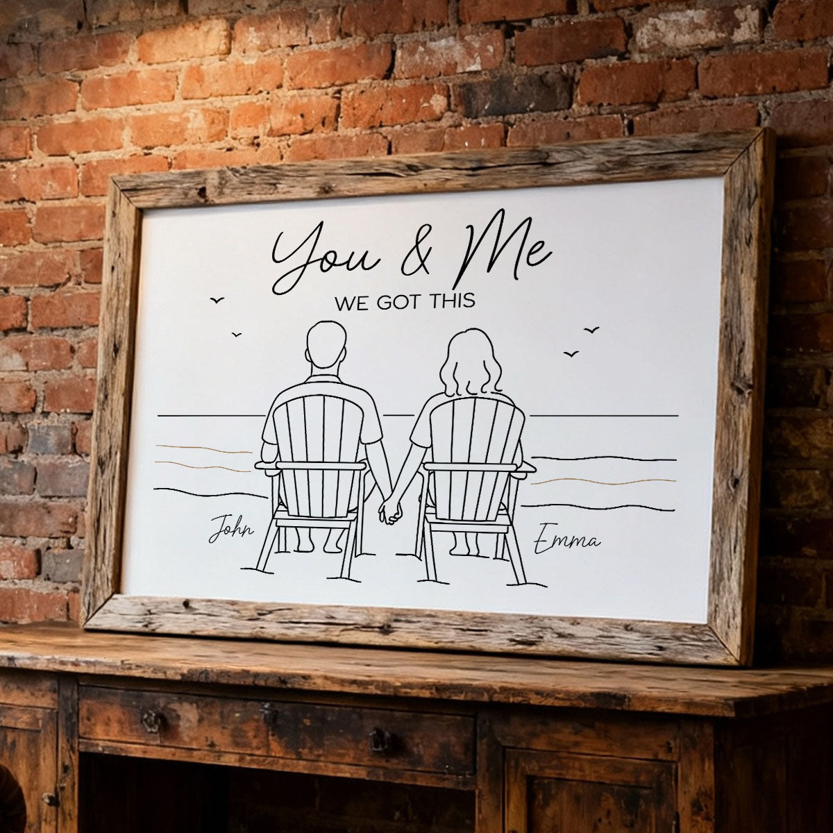 Eternal Love Couple Beach Landscape Line Art Style - Personalized Poster