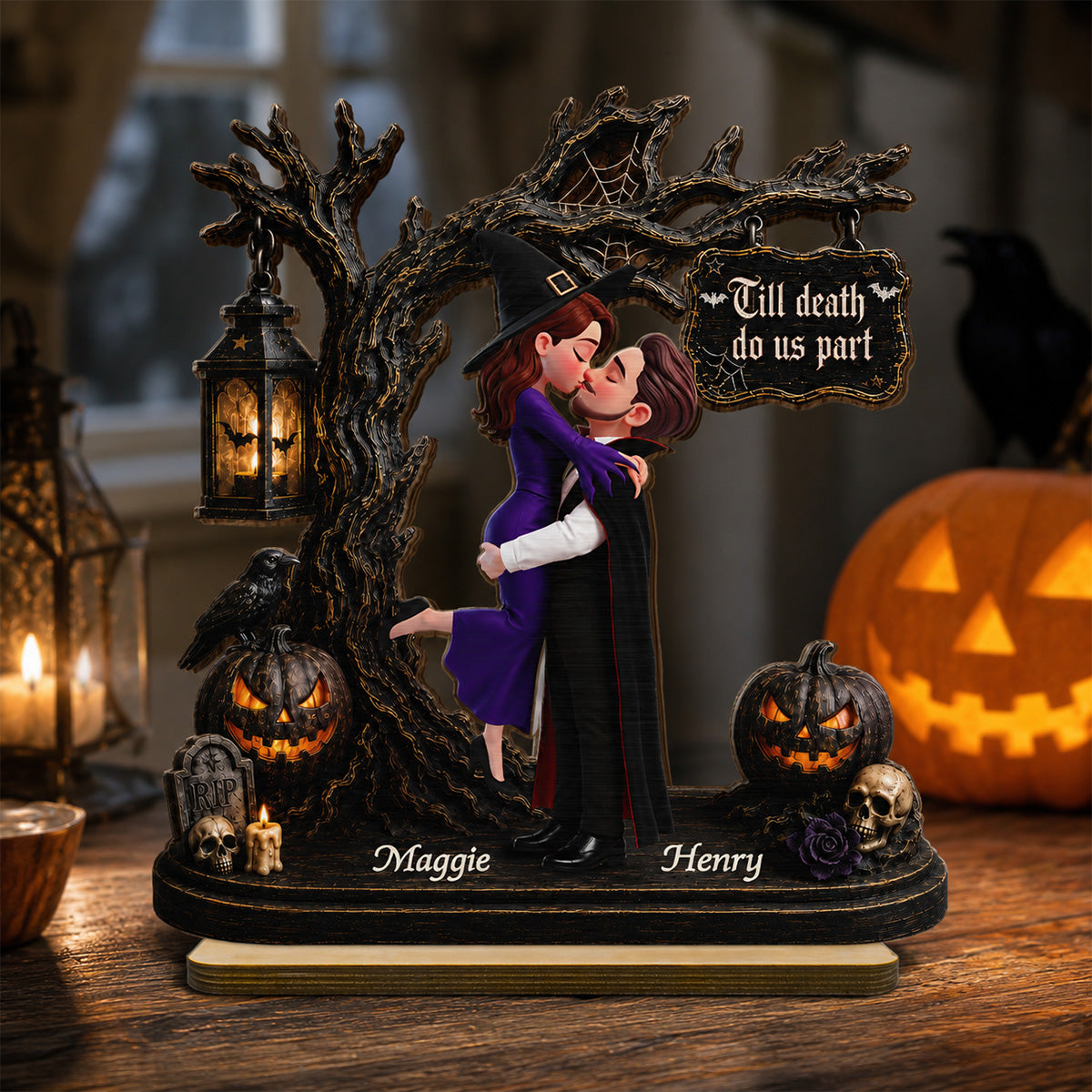 Couple Hugging Under Spooky Halloween Tree 2D Flat - Personalized 2-Layer Wooden Plaque - Tabletop Tier Tray Wicca Pagan Decor