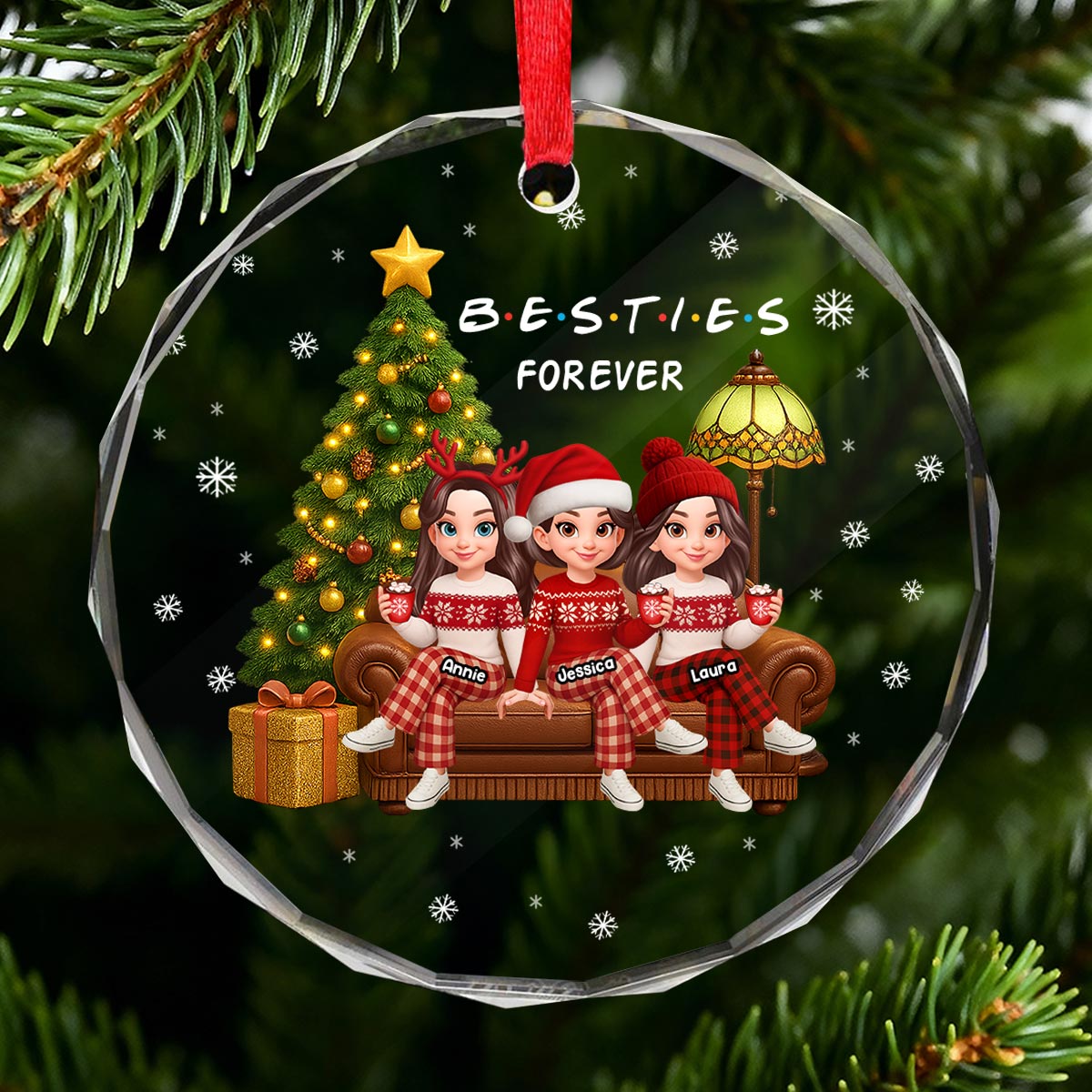Christmas Festive Besties Forever Christmas Tree - Personalized Glass Ornament - Christmas Gift For Best Friends