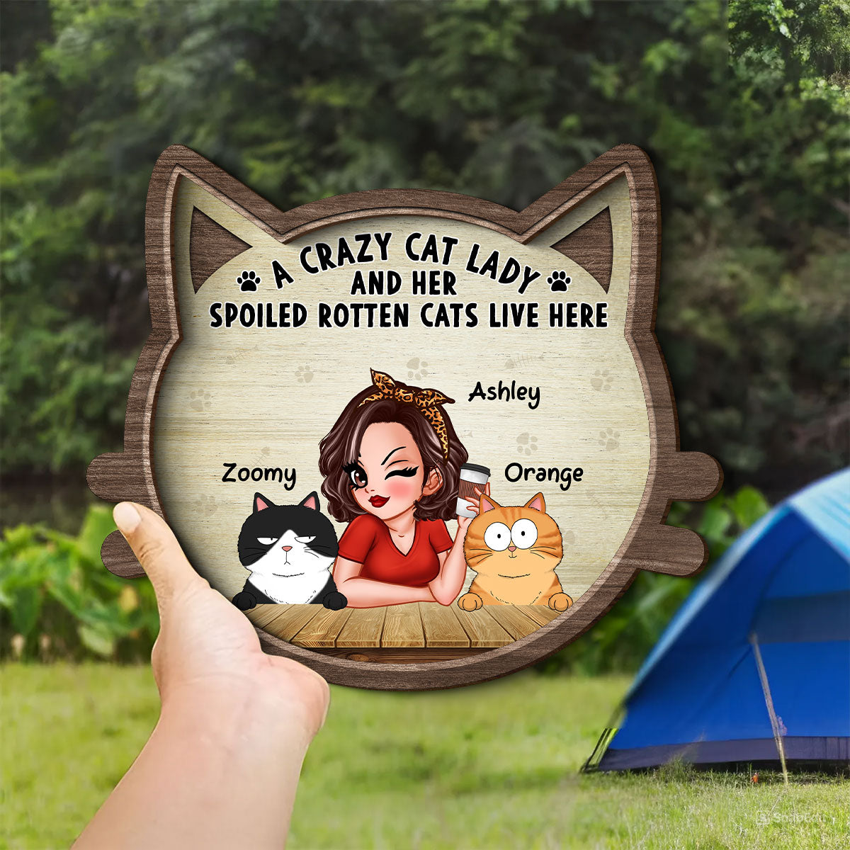 Crazy Cat Lady And Spoiled Rotten Cats Personalized 2-Layer Wood Sign
